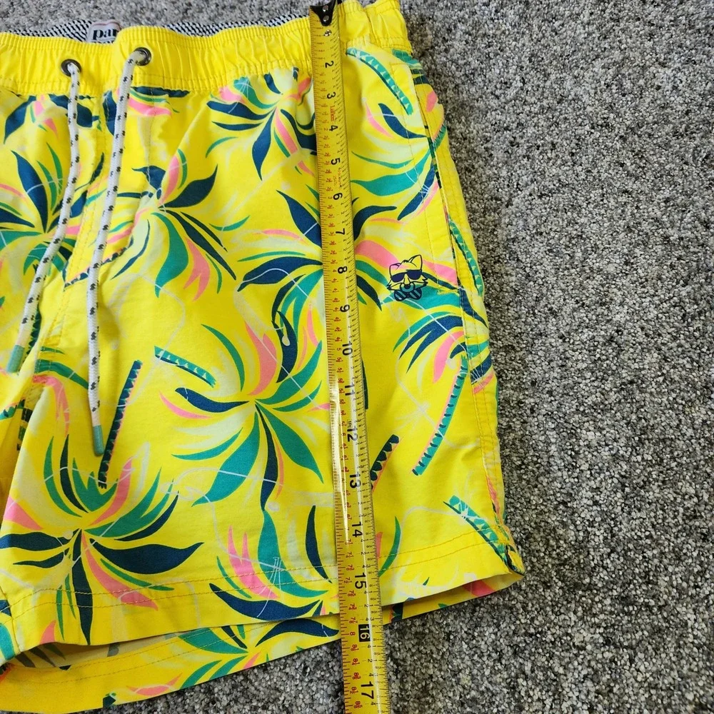 Party Pants Swim Trunks Mens Large Yellow Tropical‎ Palm Print Excellent
